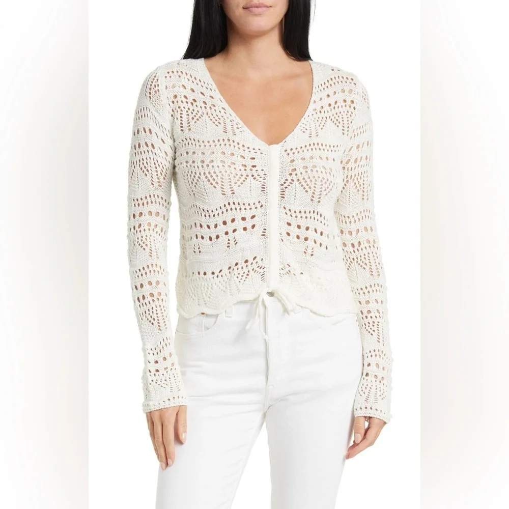 AQUA Chic White Cropped Crochet Sweater XL​